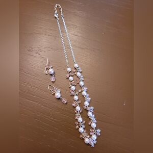 Elegant Pink Pearl and Crystal Necklace and Earring Set